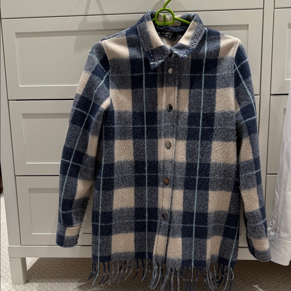 Bylse - Women's Blue and Cream Plaid Button Down Shirt with fringe